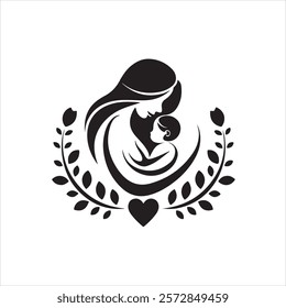 Woman or Mother hold her baby silhouette with  floral elements, Motherhood and newborn concept