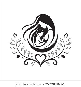 Woman or Mother hold her baby silhouette with  floral elements, Motherhood and newborn concept