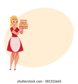 Woman, mother, housewife in white apron holding big layered birthday cake in two hands, cartoon vector illustration with place for text. Young beautiful woman holding birthday cake
