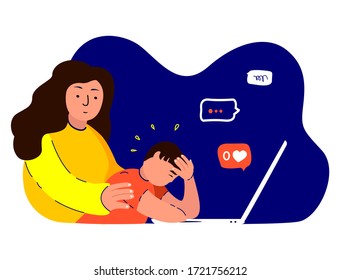 Woman Mother Hug Support,Maintain Disappointed Depressed Son.Teenager Boy,No Zero Like,Dislike.Worried, Sad Anxited Frustrated.Upset Stressed Adolescent.Mom Protect Teen Child.Flat Vector Illustration