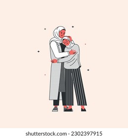 A woman is a mother, hugging her teenage daughter. Motherhood. A mother's love and support. Muslims. Women in hijabs.