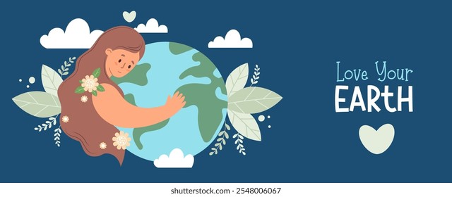 Woman mother with long hair hugs planet Earth on blue background. Horizontal eco friendly holiday poster. Concept Earth Day, Nature and environmental care. Vector illustration in flat style