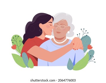 Woman with mother. Love for loved ones, care. Girl kisses shaking woman on cheek. International Mothers Day. Banner, greeting card, portrait of daughter hugging mom. Cartoon flat vector illustration