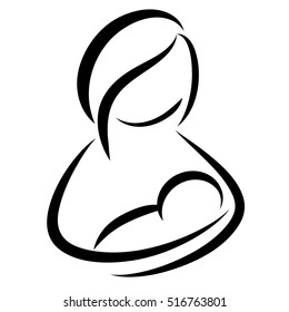 Woman (mother, mom) holding newborn baby in arms. Abstract symbol of breastfeeding, lactation, reproduction, fertility, child bearing, maternal care, nursing, adoption. Line drawing, vector logo, icon