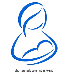 Woman (mother, Mom, Nurse) Holding Newborn Baby In Arms. Abstract Symbol Of Breastfeeding, Lactation, Reproduction, Fertility, Child Bearing, Maternal Care Or Adoption. Line Drawing, Vector Logo, Icon