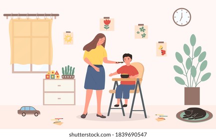A woman, mother or nanny, feeds a child sitting in a feeding chair. Flat cartoon vector illustration.