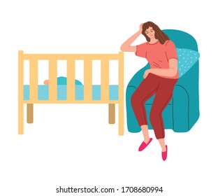 Woman mother napping in armchair near her babys cradle vector illustration