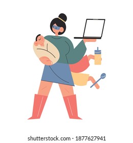 Woman mother superhero standing with baby, laptop, and feeding tools