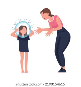 Woman Mother Talking to Her Daughter with Glass Bulb on Head as Problematic Communication and Misunderstanding Between Parent and Child Vector Illustration