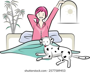 Woman (mother) waking up in bed with dog (dalmatian), refreshing morning | Family series