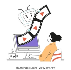 Video Diseñador de movimiento de mujer usando inteligencia artificial para generación y edición de ilustración de concepto de Vector lineal aislado en blanco.
