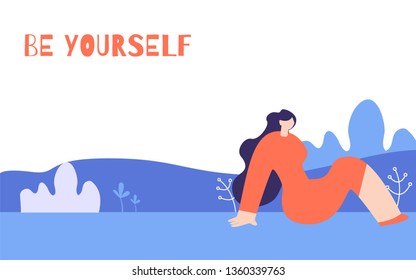 Woman Motivation Horizontal Flat Poster Floral Style. Beautiful Girl Sitting between Flowers Elegant Pose Inspirational Phrase Be Yourself Push to Work. Trendy Vector Inspirational Quote Illustration