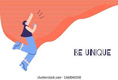 Woman Motivation Poster with Positive Inspirational Quote Text Be Unique. Banner Template with Singing Dancing Pretty Girl. Conceptual Self-Actualization of Personality Falt Vector Illustration