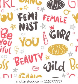 Woman motivation seamless pattern. Feminist lettering. Hand drawn vector illustration. Can be used for shop, market, fabric, wrapping paper, scrapbooking.