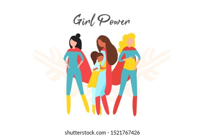 Woman motivational, inspiring quote poster. Group of superheroes, superhuman females characters illustration. Feminism, girl power movement banner template, inspirational phrase