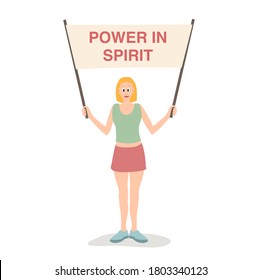 A woman with a motivational poster on a white background