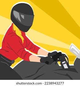 Frau mit Motorrad-Helm Reiten Sportrad. Seitenansicht. Konzept der Rasse, Lifestyle, Hobby, Fahrzeug. Vektorflache Illustration.