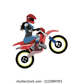 A woman in a motorcycle racing suit is jumping in the air on a motocross.The rider was wearing a helmet and had long hair that came out below.Isolated vector illustration on a white background.