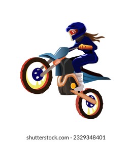 Una mujer en traje de carreras de motocicletas está saltando al aire sobre una motocross. El conductor llevaba casco y tenía el pelo largo que salía abajo. Ilustración vectorial aislada sobre un fondo blanco.