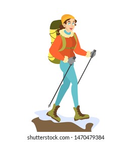 Woman mountain climber in special winter clothes with backpack hiking. Extreme sport, alpinist walking. Isolated vector illustration in cartoon style