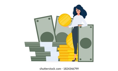 Woman and a mountain of money. The girl stands near gold coins and large dollar bills. A bundle of money. The concept of a successful business, earnings and wealth. Isolated. Vector.