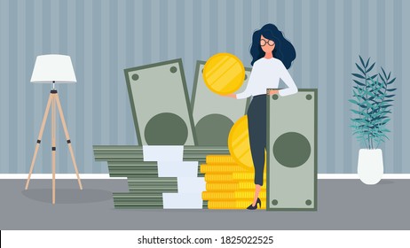 Woman and a mountain of money. The girl stands near gold coins and large dollar bills. A bundle of money. The concept of a successful business, earnings and wealth. Vector.