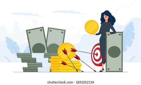 Woman and a mountain of money. The girl stands near gold coins and large dollar bills. A bundle of money. The concept of a successful business, earnings and wealth. Vector.