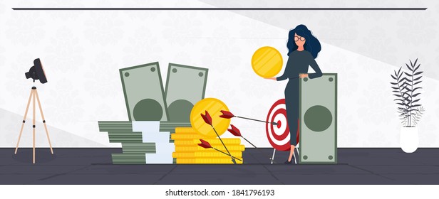 Woman and a mountain of money. The girl stands near gold coins and large dollar bills. A bundle of money. The concept of a successful business, earnings and wealth.  Vector.