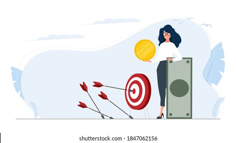 Woman and a mountain of money. The girl stands near gold coins and large dollar bills. A bundle of money. The concept of a successful business, earnings and wealth. Vector.