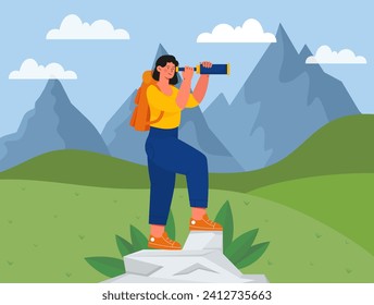 Woman with mountain trip. Young girl with telescope and backpack stand at cliff. Active lifestyle, hiking and camping. Traveler and tourist look at rocks. Cartoon flat vector illustration