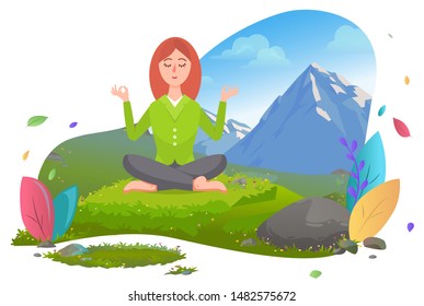 Woman in mountains keep calm and relax female character sitting on grass surrounded by mountains. Yoga and meditation on nature environment. Mountain tourism. Vector illustration in flat cartoon style