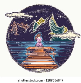 Woman and mountains. Symbol of dream, romantic, love, outdoor. Night mountain lake tattoo and t-shirt design 