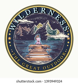 Woman and mountains. Symbol of dream, romantic. Wilderness, the great outdoors slogan, t-shirt design 