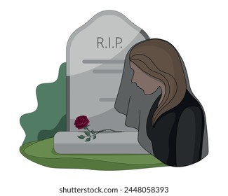 A woman in mourning. A girl in a black veil in a cemetery. A grieving mother on the background of a grave. Vector illustration for a funeral.