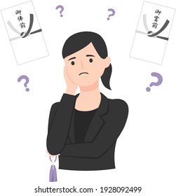 A woman in mourning. Illustration of a woman in trouble with an envelope to bring to a funeral.