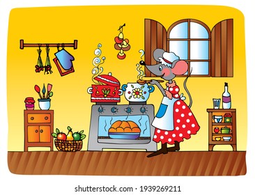 Woman mouse is cooking a meal. Colored vector for card or gift. 