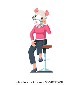 Woman with mouse head sitting on bar stool holding glasses. Grey mouse rodent animal head person character wearing clothes. Flat style vector illustration isolated on white