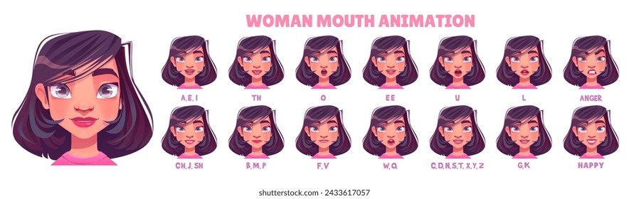 Woman mouth animation kit. Cartoon vector illustration set of young female character face with various positions of lips and tongue during talking and pronunciation of english alphabet for animation.