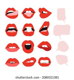 Woman mouth coquettish expressions vector clipart set isolated on white. Sassy girl power illustration collection. Classy red lips makeup with speech ballons fashion design element.