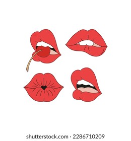 Woman mouth coquettish expressions vector clipart set isolated on white. Sassy girl power illustration collection. Classy red lips makeup fashion design element.