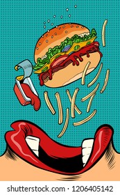 woman mouth eating burger  Comic cartoon pop art retro vector illustration drawing