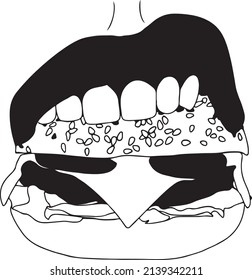 Woman mouth with a hamburger of people. Powerful people win. Loose everything concept. Mouth open