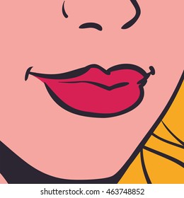 Woman mouth lips pop art female avatar person retro vintage icon. Colorfull and flat illustration. Vector graphic