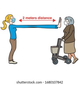 a woman with a mouth mask is two meters away from an older woman with walking aids.  Social distance, illustration, corona, virus, transmission, warning.