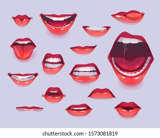 Woman Mouth Set. Red Sexy Lips Expressing Different Emotions As Happy Smiling, Shouting, Show Tongue, Kiss, Angry Gritting Teeth. Design Elements, Icons, Stickers. Cartoon Vector Illustration Clip Art