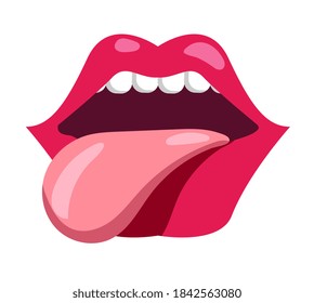 Woman mouth showing tongue out isolated on white background