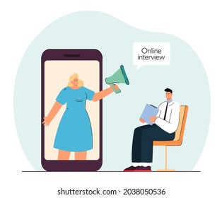 Woman with mouthpiece inviting new employee. Flat vector illustration. Man going through online interview with recruiter, sitting in front of huge smartphone. Interview, HR, online, job concept