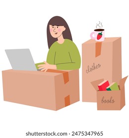Woman moved to a new house and works on boxes. Freelance worker at laptop computer on cardboard boxes.People move and pack things into boxes. 