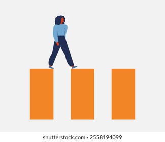 Woman moves forward through motivation. Male raising up with effort and ambitions on business success stairs. Career personal growth and development. Self belief concept. Vector illustration