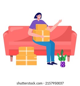 Woman moves new home, house. People moving and collect supplies in boxes. Person cartoon characters packing belongings. Young couple unpacking concept, delivery, relocation, move box.